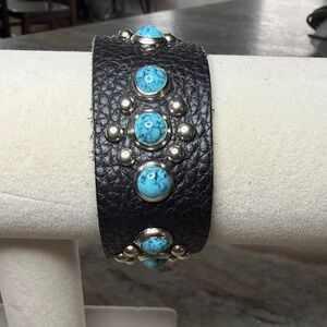Turquoise and Silver Studded Black Leather Bracelet